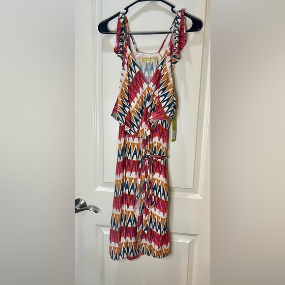 NWT Gianni Bini Multicolor Geometric Print Wrap Dress w/ Cold Shoulder Size L - Picture 1 of 7